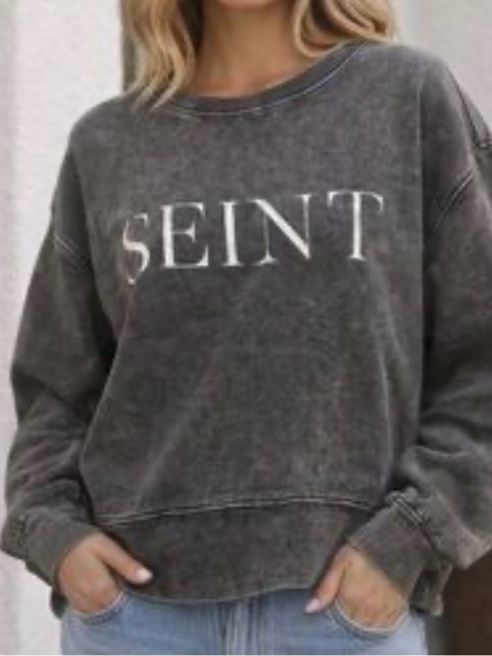 SEINT Beauty Official Cropped Mineral Wash Crewneck Sweatshirt Charcoal L. NWT